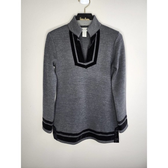 Soft Surroundings Runway Wool Blend Knit Tunic Sweater Velvet Trim Gray Size XS - Picture 2 of 10